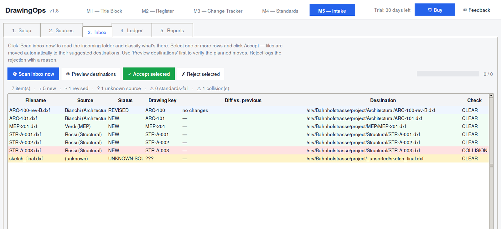 DrawingOps Module 5 — Inbox view showing incoming drawings color-coded by status